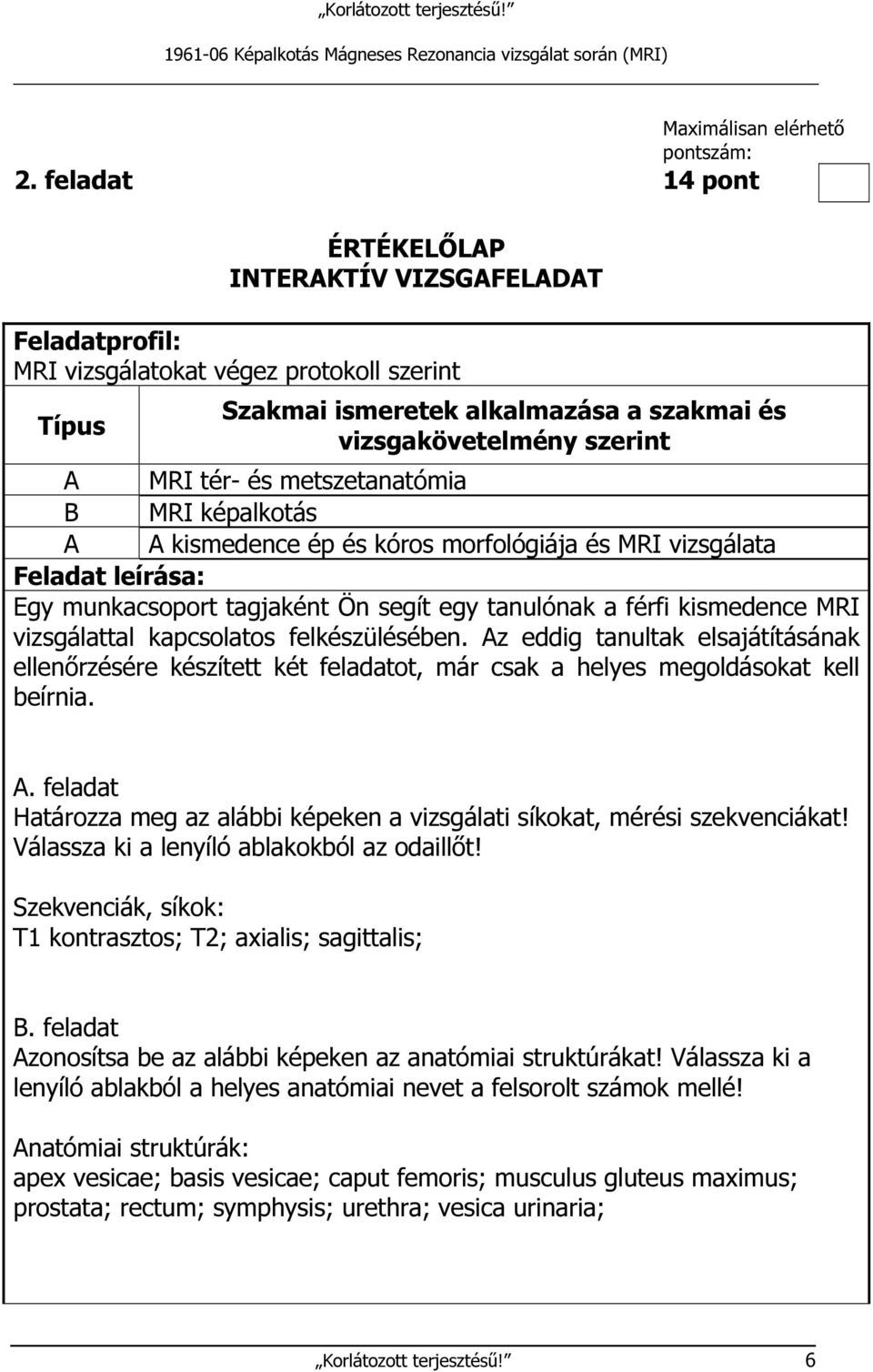 metszetanatómia B MRI képalkotás A A kismedence ép és kóros morfológiája és MRI vizsgálata Feladat leírása: Egy munkacsoport tagjaként Ön segít egy tanulónak a férfi kismedence MRI vizsgálattal