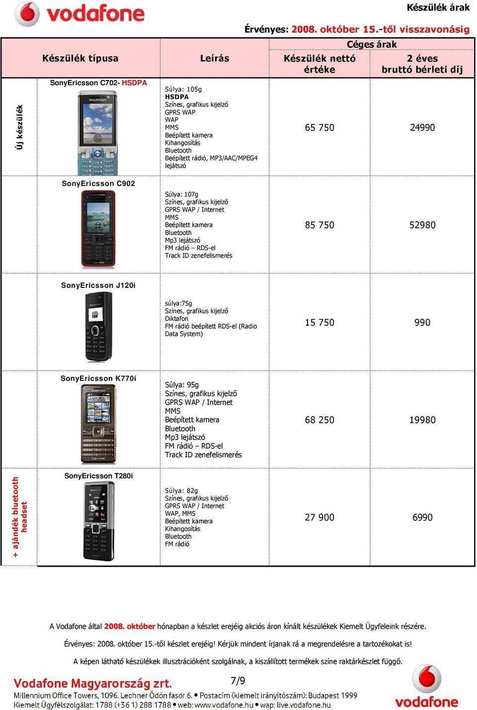 SonyEricsson J120i súlya:75g beépített RDS-el (Radio Data System) 15 750 990 SonyEricsson K770i Súlya: 95g