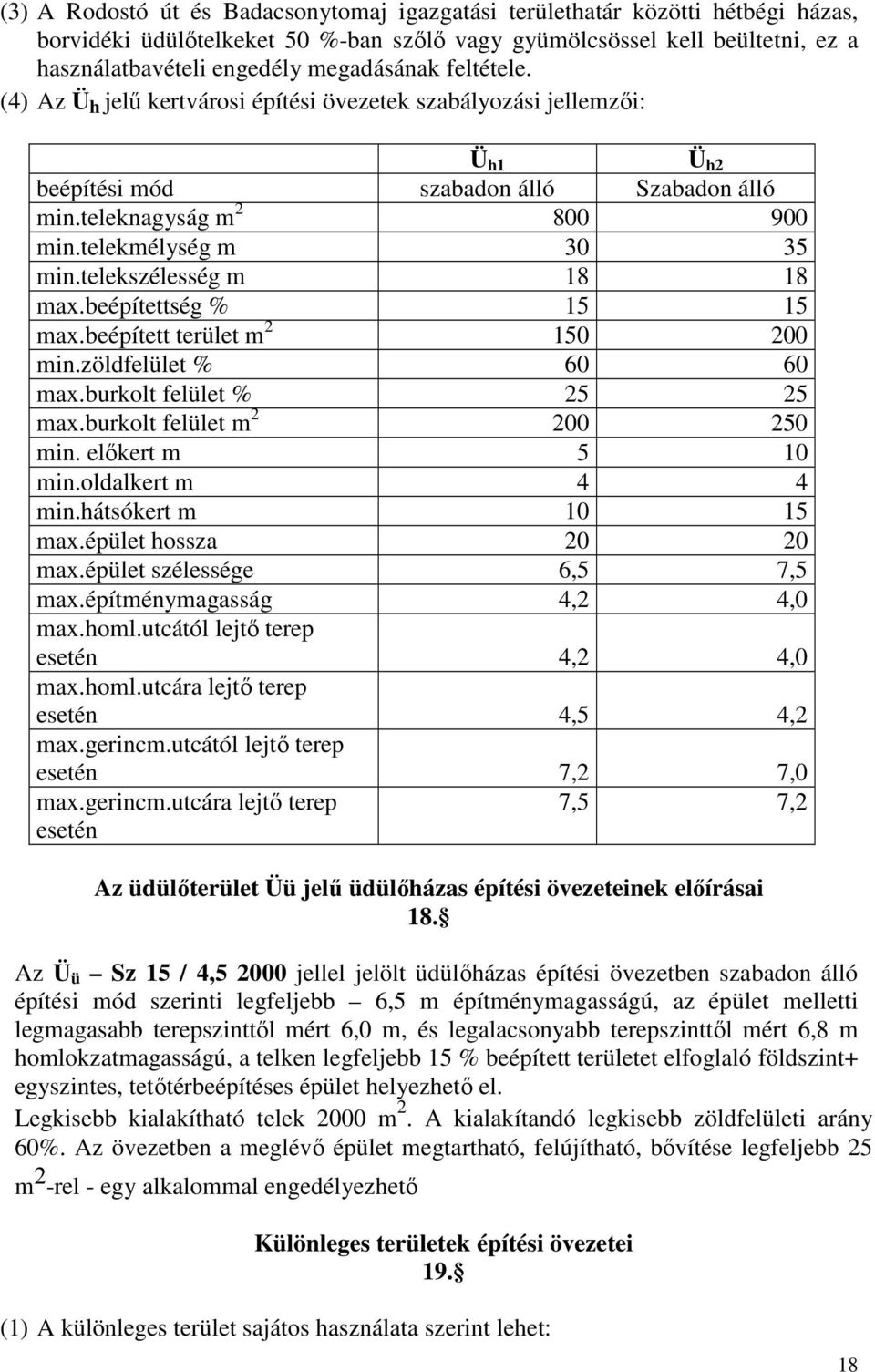 telekszélesség m 18 18 max.beépítettség % 15 15 max.beépített terület m 2 150 200 min.zöldfelület % 60 60 max.burkolt felület % 25 25 max.burkolt felület m 2 200 250 min. előkert m 5 10 min.