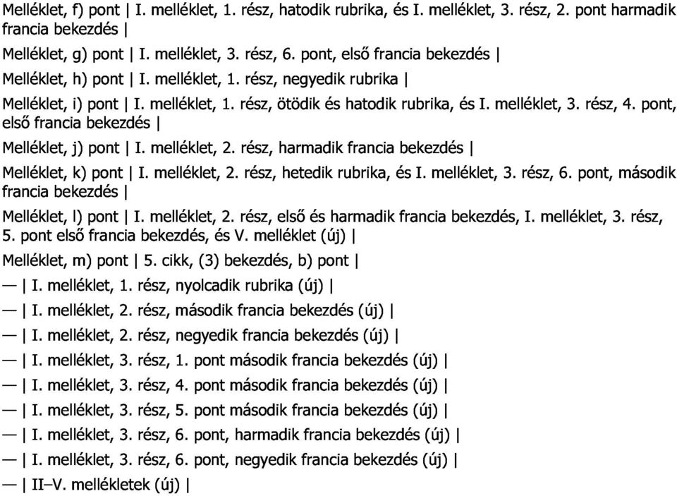 pont, francia bekezdés l) pont Melléklet, 5. pont elsı m) francia pont 1. I. bekezdés, 5. melléklet, cikk, nyolcadik (3) és 2. bekezdés, V.