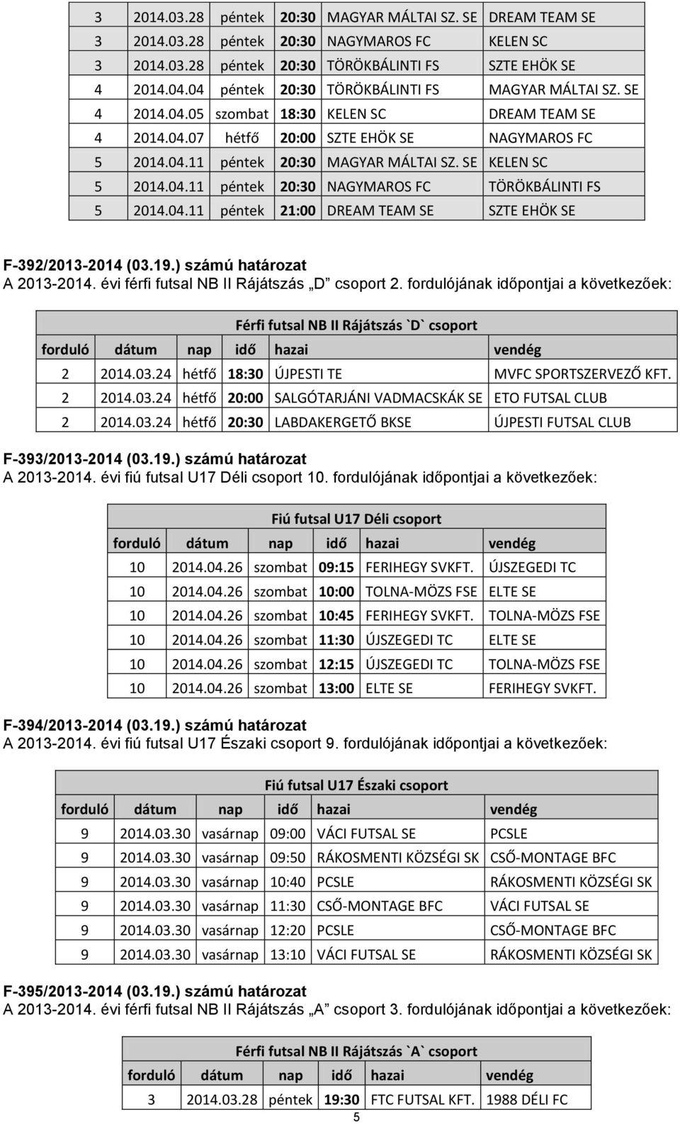 SE KELEN SC 5 2014.04.11 péntek 20:30 NAGYMAROS FC TÖRÖKBÁLINTI FS 5 2014.04.11 péntek 21:00 DREAM TEAM SE SZTE EHÖK SE F-392/2013-2014 (03.19.) számú határozat A 2013-2014.