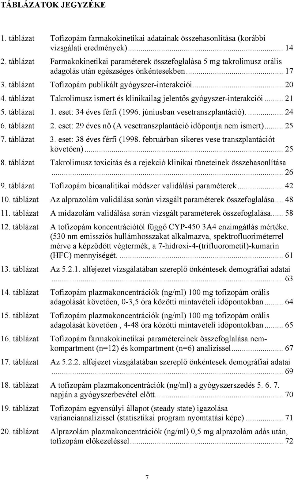 táblázat Takrolimusz ismert és klinikailag jelentős gyógyszer-interakciói... 21 5. táblázat 1. eset: 34 éves férfi (1996. júniusban vesetranszplantáció).... 24 6. táblázat 2.