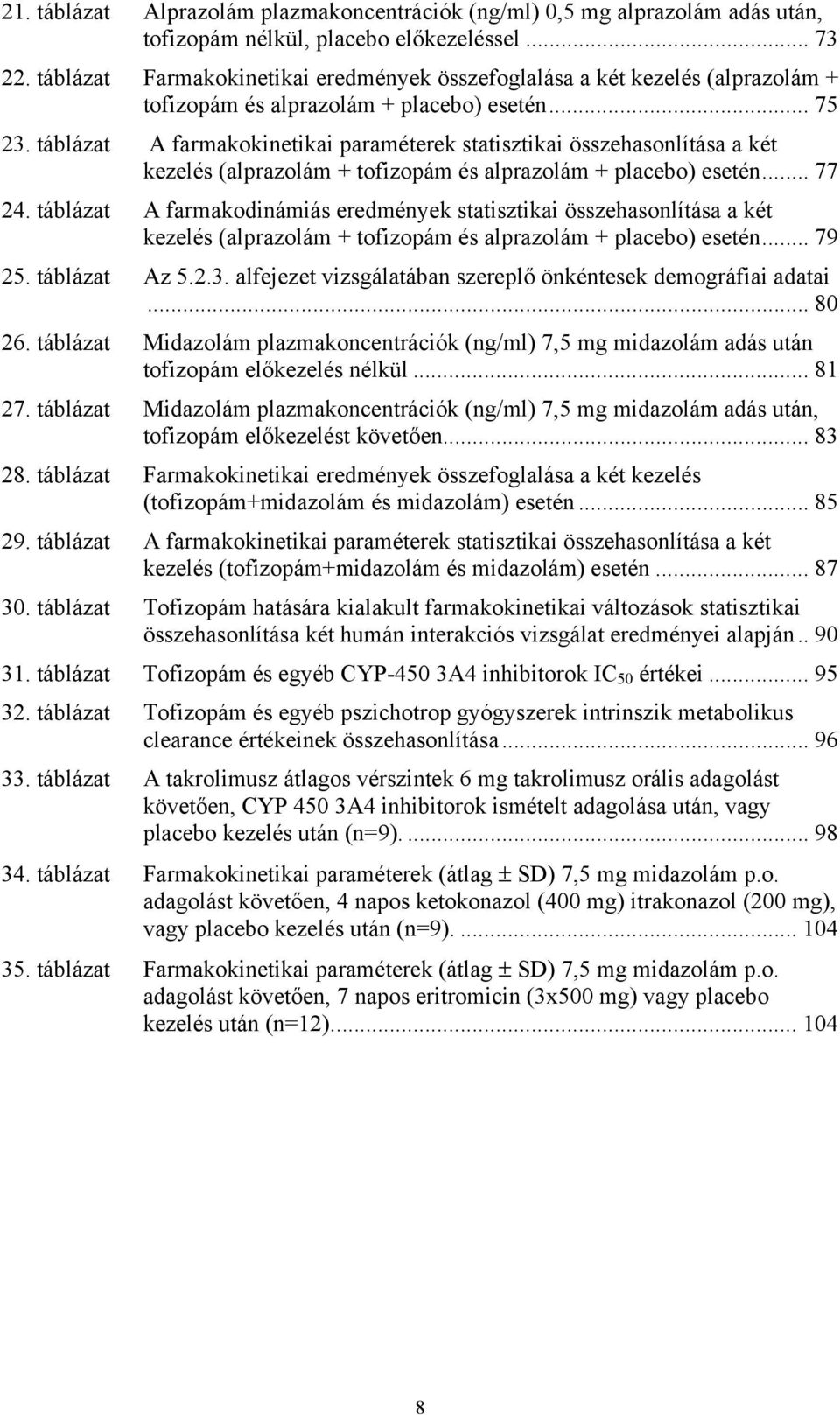 táblázat A farmakokinetikai paraméterek statisztikai összehasonlítása a két kezelés (alprazolám + tofizopám és alprazolám + placebo) esetén... 77 24.
