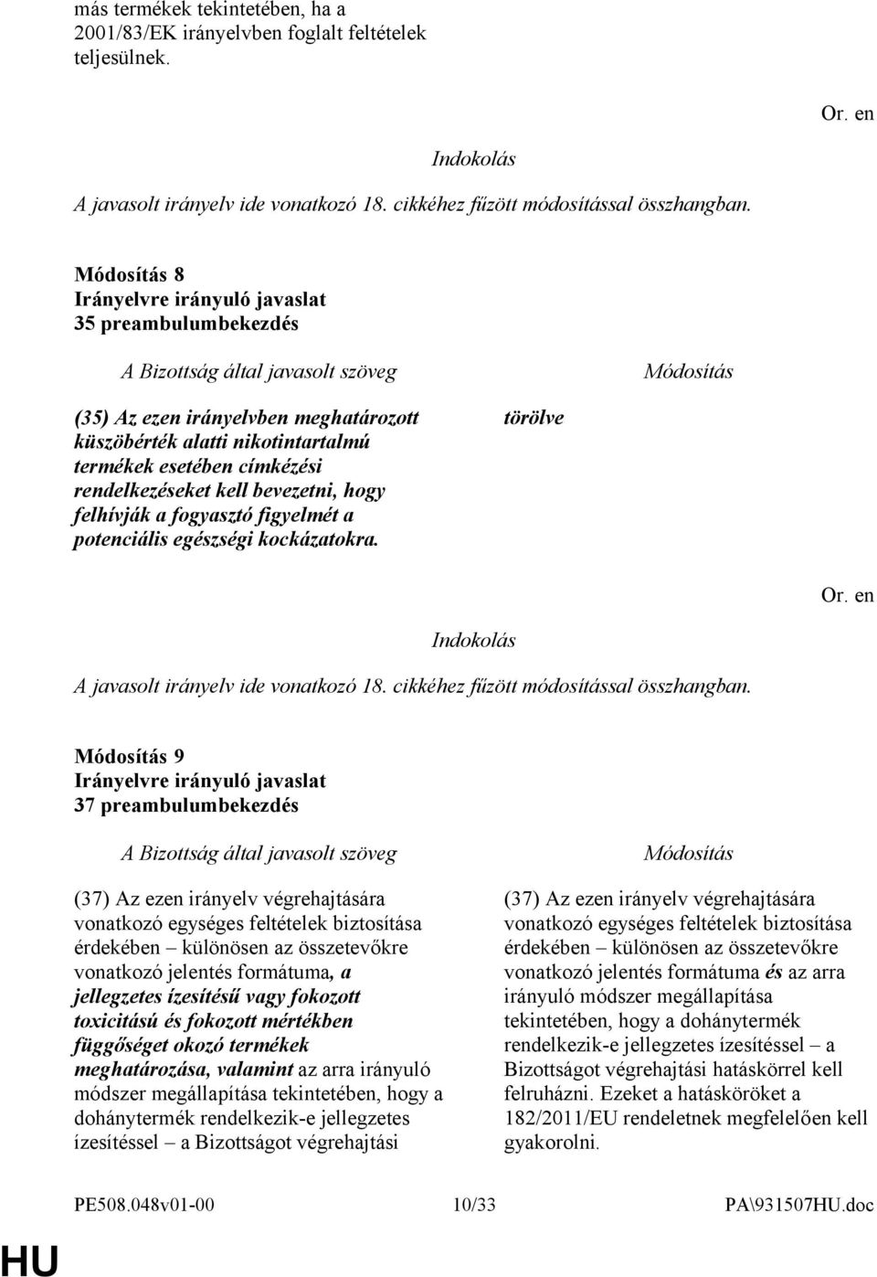 potenciális egészségi kockázatokra. A javasolt irányelv ide vonatkozó 18. cikkéhez fűzött módosítással összhangban.