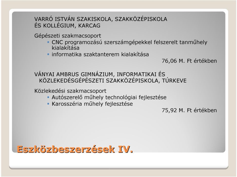 Ft értékben VÁNYAI AMBRUS GIMNÁZIUM, INFORMATIKAI ÉS KÖZLEKEDÉSGÉPÉSZETI SZAKKÖZÉPISKOLA, TÚRKEVE Közlekedési