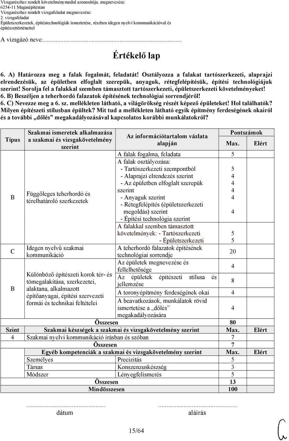 Sorolja fel a falakkal szemben támasztott tartószerkezeti, épületszerkezeti követelményeket! 6. B) Beszéljen a teherhordó falazatok építésének technológiai sorrendjéről! 6. C) Nevezze meg a 6. sz. mellékleten látható, a világörökség részét képező épületeket!