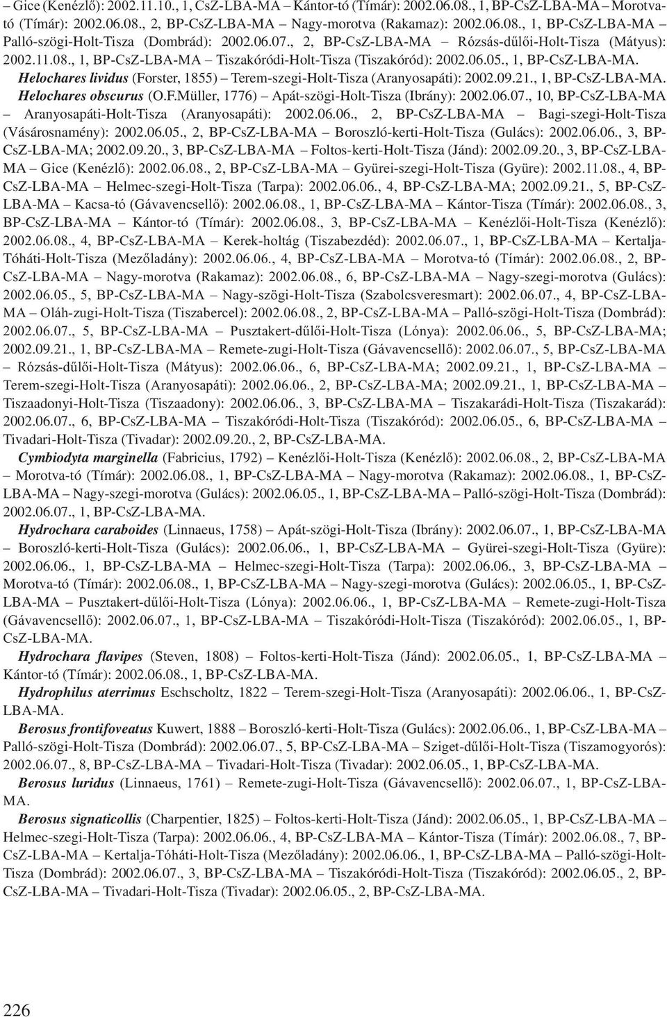 , 1, BP-CsZ- Helochares lividus (Forster, 1855) Terem-szegi-Holt-Tisza (Aranyosapáti): 2002.09.21., 1, BP-CsZ- Helochares obscurus (O.F.Müller, 1776) Apát-szögi-Holt-Tisza (Ibrány): 2002.06.07.