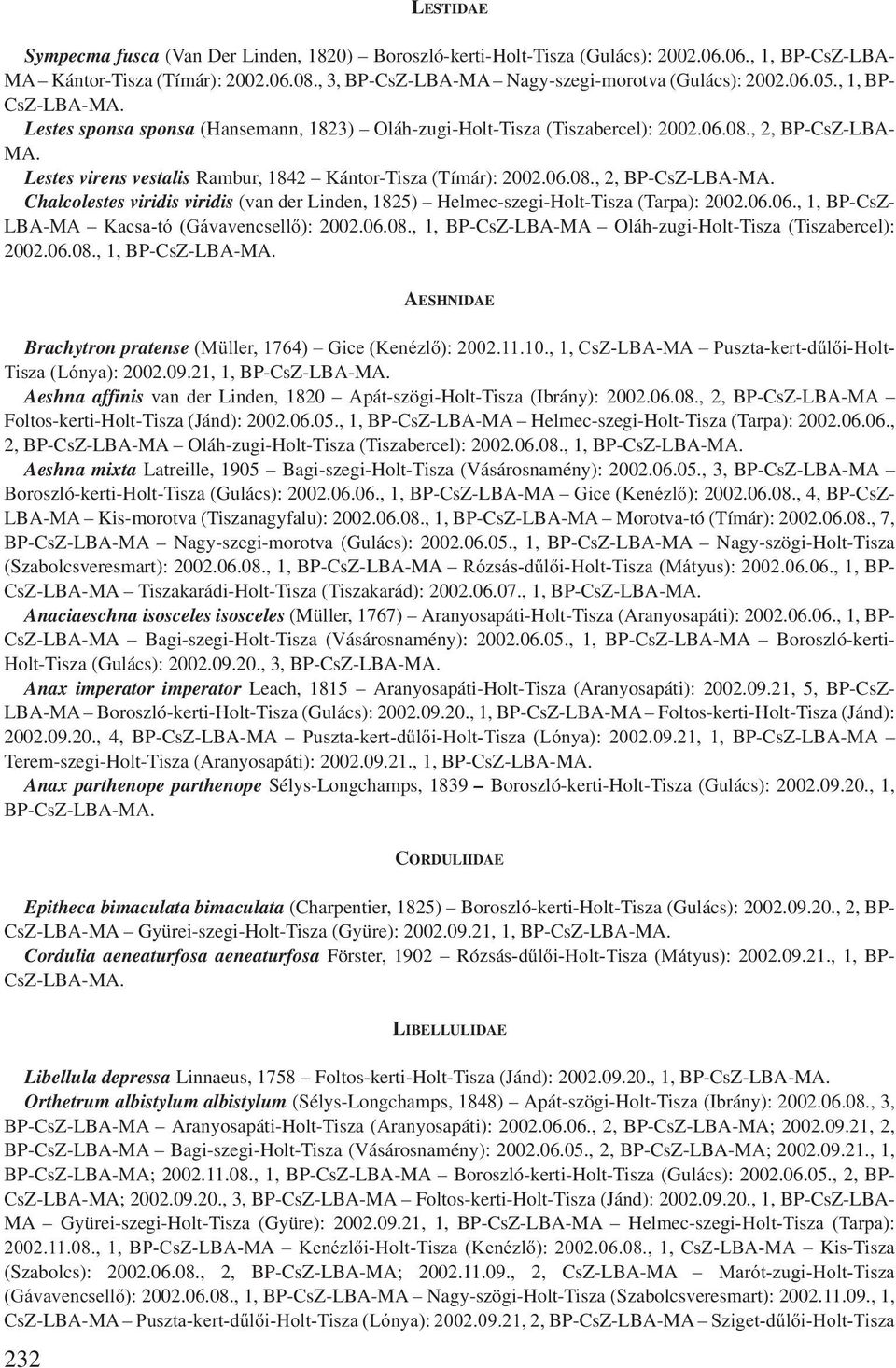 , 2, BP-CsZ-LBA- MA. Lestes virens vestalis Rambur, 1842 Kántor-Tisza (Tímár): 2002.06.08., 2, BP-CsZ- Chalcolestes viridis viridis (van der Linden, 1825) Helmec-szegi-Holt-Tisza (Tarpa): 2002.06.06., 1, BP-CsZ- LBA-MA Kacsa-tó (Gávavencsellő): 2002.