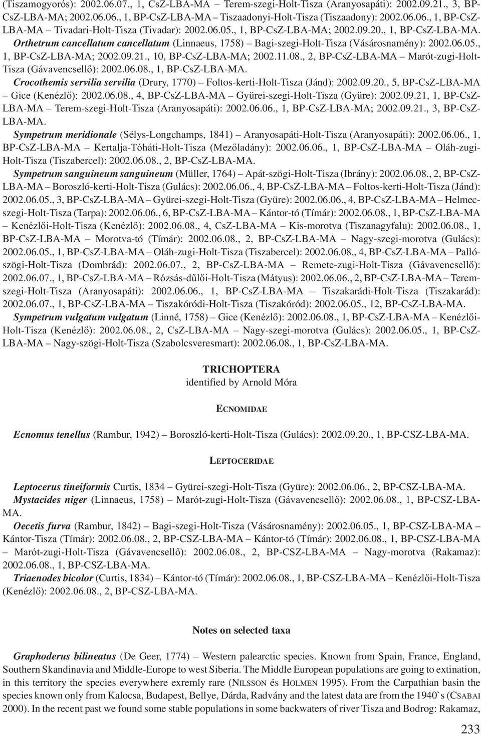 , 10, BP-CsZ-LBA-MA; 2002.11.08., 2, BP-CsZ-LBA-MA Marót-zugi-Holt- Tisza (Gávavencsellő): 2002.06.08., 1, BP-CsZ- Crocothemis servilia servilia (Drury, 1770) Foltos-kerti-Holt-Tisza (Jánd): 2002.09.