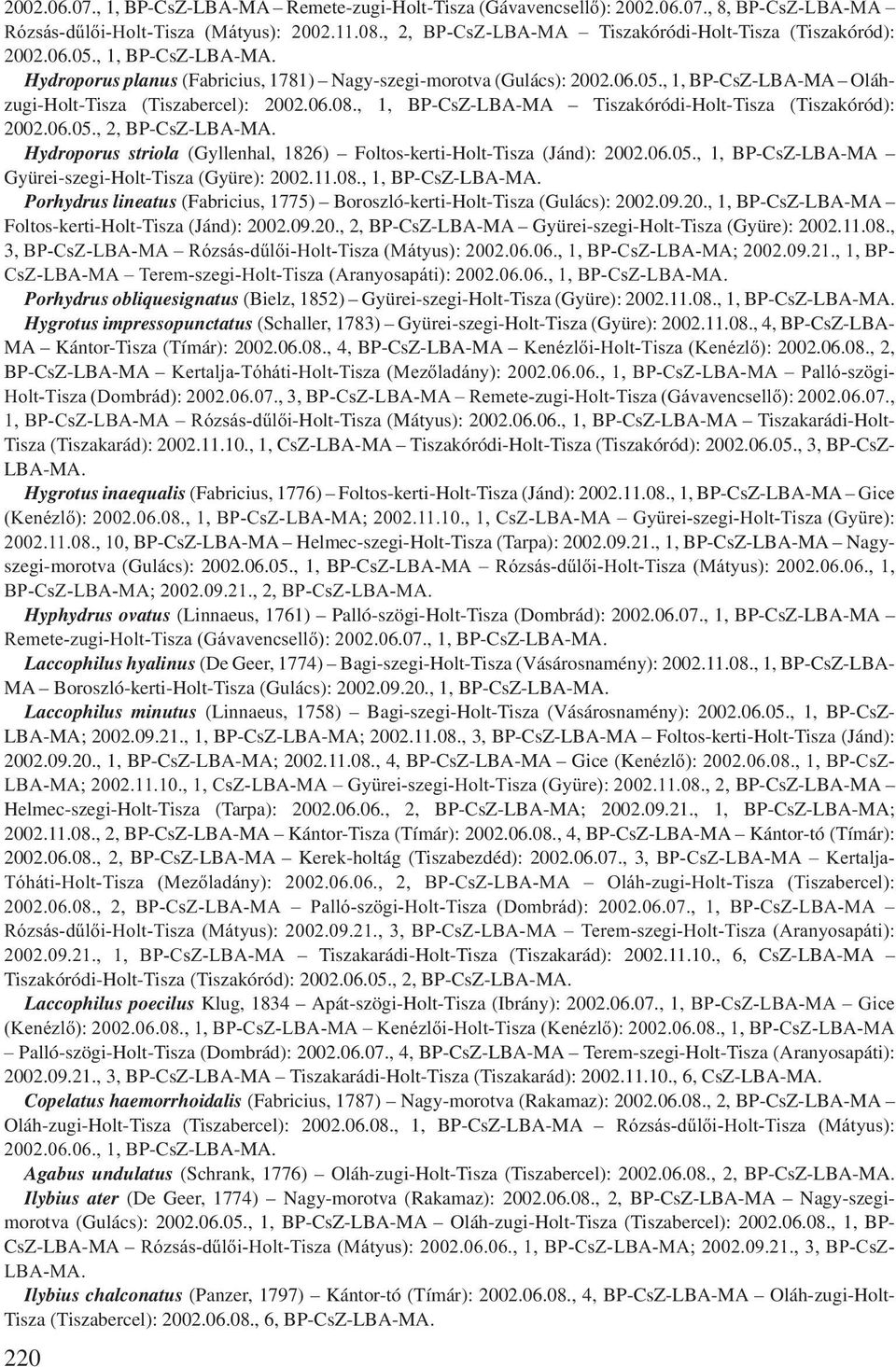 06.08., 1, BP-CsZ-LBA-MA Tiszakóródi-Holt-Tisza (Tiszakóród): 2002.06.05., 2, BP-CsZ- Hydroporus striola (Gyllenhal, 1826) Foltos-kerti-Holt-Tisza (Jánd): 2002.06.05., 1, BP-CsZ-LBA-MA Gyürei-szegi-Holt-Tisza (Gyüre): 2002.