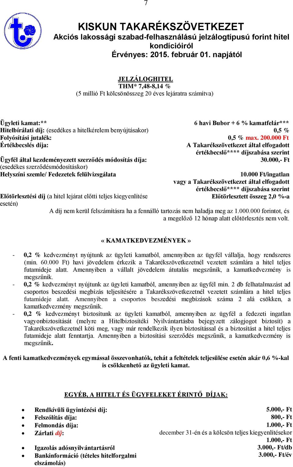 benyújtásakor) 0,5 % Folyósítási jutalék: 0,5 % max. 200.000 Ft Értékbecslés díja: A Takarékszövetkezet által elfogadott értékbecslő**** díjszabása szerint 30.