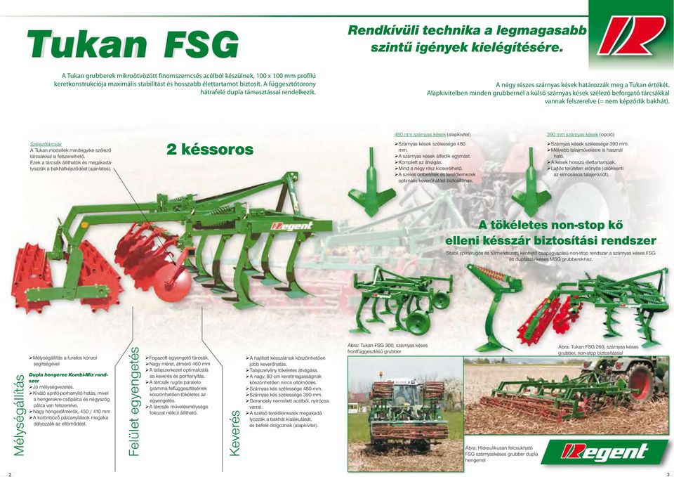 A függesztőtorony hátrafelé dupla támasztással rendelkezik. A négy részes szárnyas kések határozzák meg a Tukan értékét.