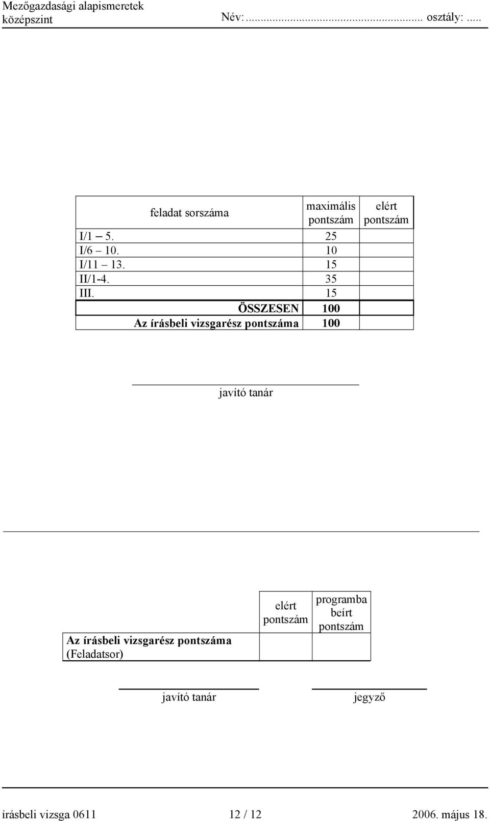 1 ÖSSZESEN 100 z írásbeli vizsgarész pontszáma 100 elért pontszám javító