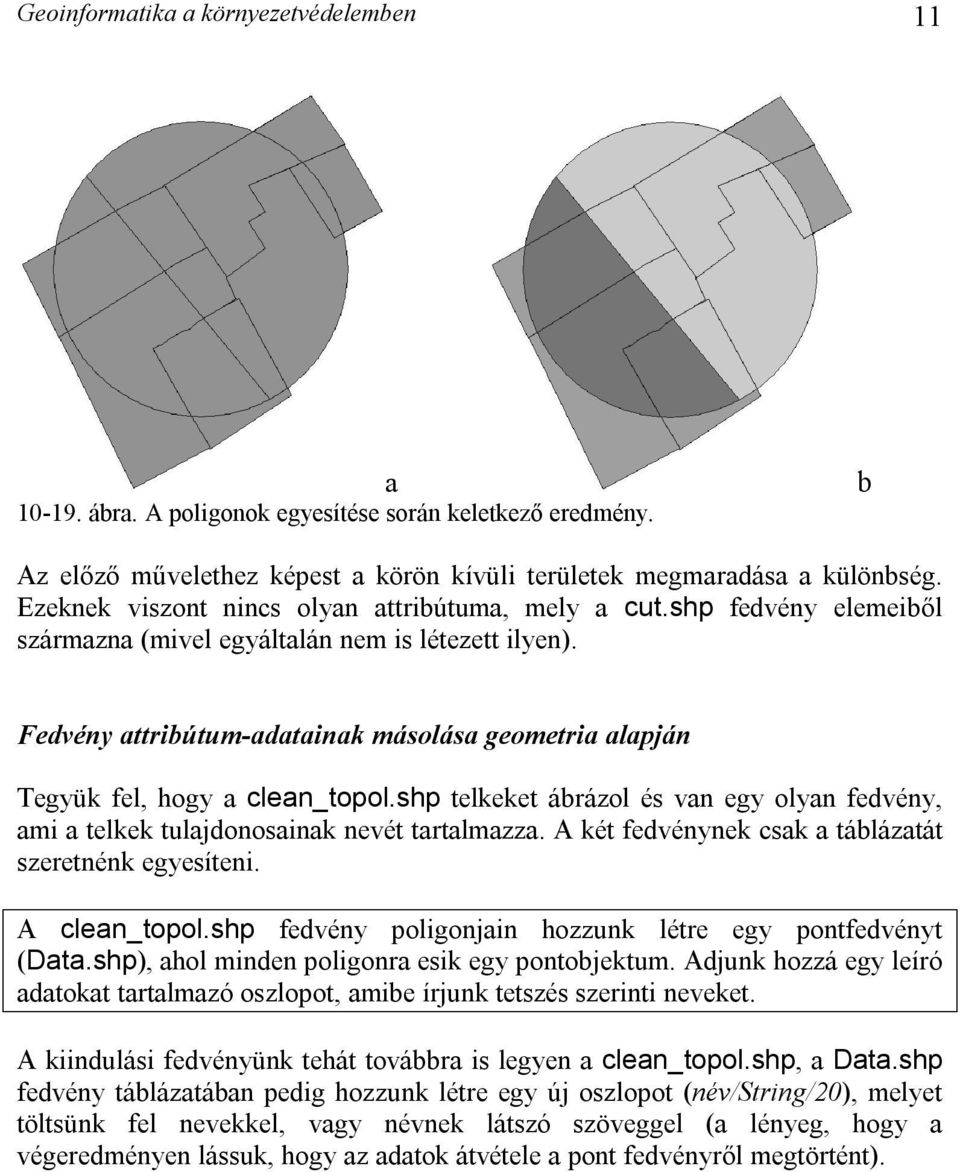 Fedvény attribútum-adatainak másolása geometria alapján Tegyük fel, hogy a clean_topol.shp telkeket ábrázol és van egy olyan fedvény, ami a telkek tulajdonosainak nevét tartalmazza.