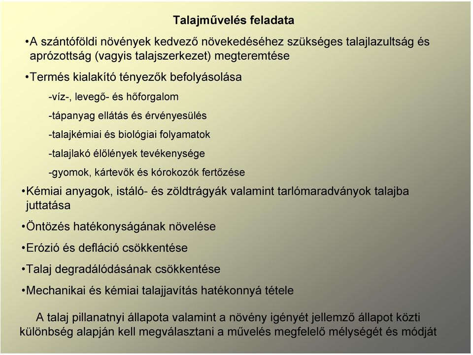 anyagok, istáló- és zöldtrágyák valamint tarlómaradványok talajba juttatása Öntözés hatékonyságának növelése Erózió és defláció csökkentése Talaj degradálódásának csökkentése Mechanikai