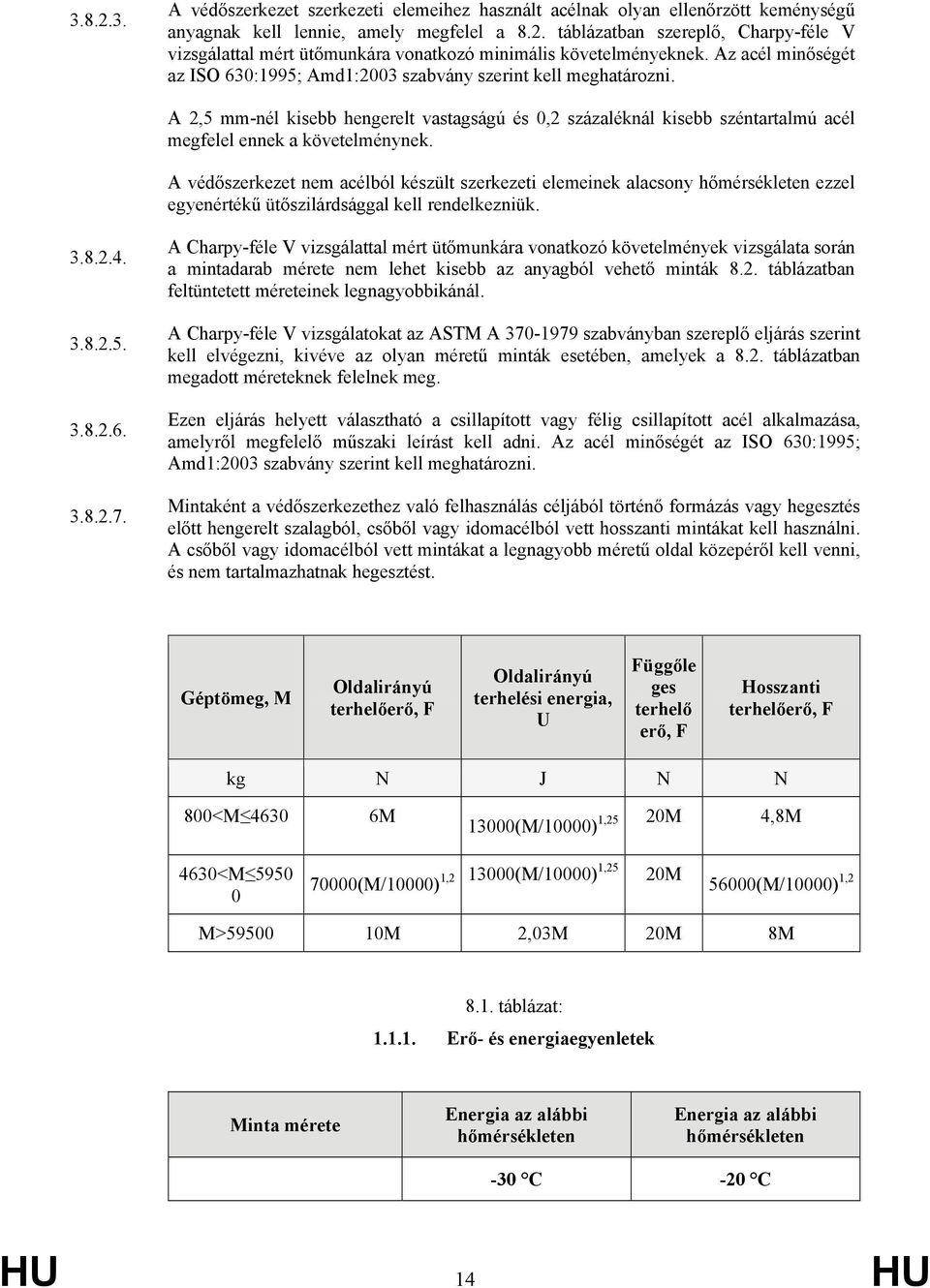 A védőszerkezet nem acélból készült szerkezeti elemeinek alacsony hőmérsékleten ezzel egyenértékű ütőszilárdsággal kell rendelkezniük. 3.8.2.4. 3.8.2.5. 3.8.2.6. 3.8.2.7.