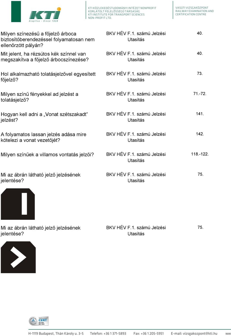 Milyen színű fényekkel ad jelzést a tolatásjelző? 71.-72. Hogyan kell adni a Vonat szétszakadt jelzést? 141.