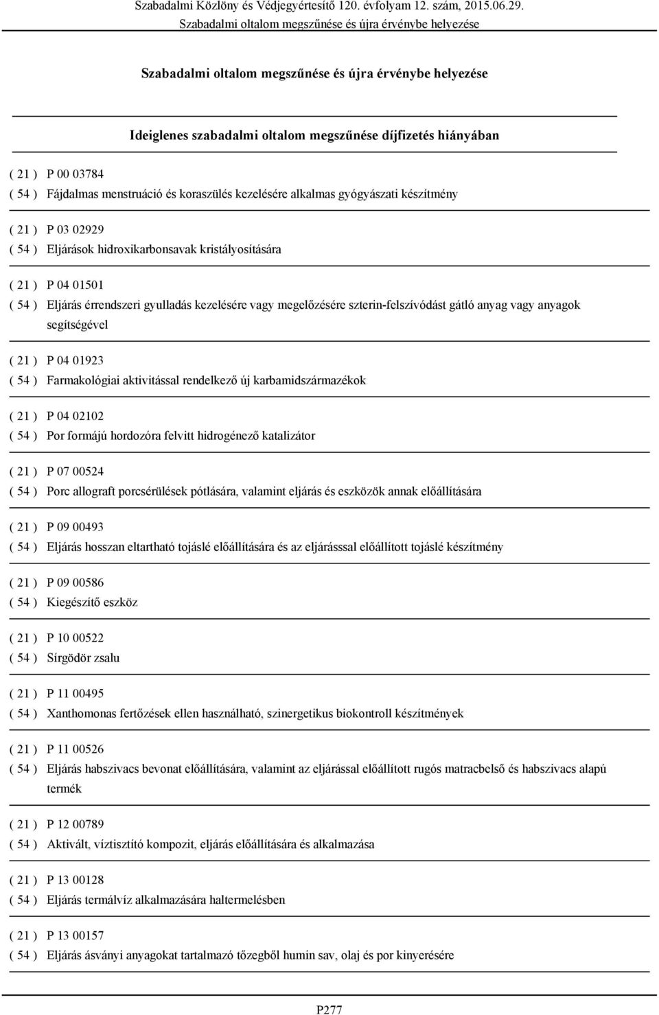 04 01923 ( 54 ) Farmakológiai aktivitással rendelkező új karbamidszármazékok ( 21 ) P 04 02102 ( 54 ) Por formájú hordozóra felvitt hidrogénező katalizátor ( 21 ) P 07 00524 ( 54 ) Porc allograft