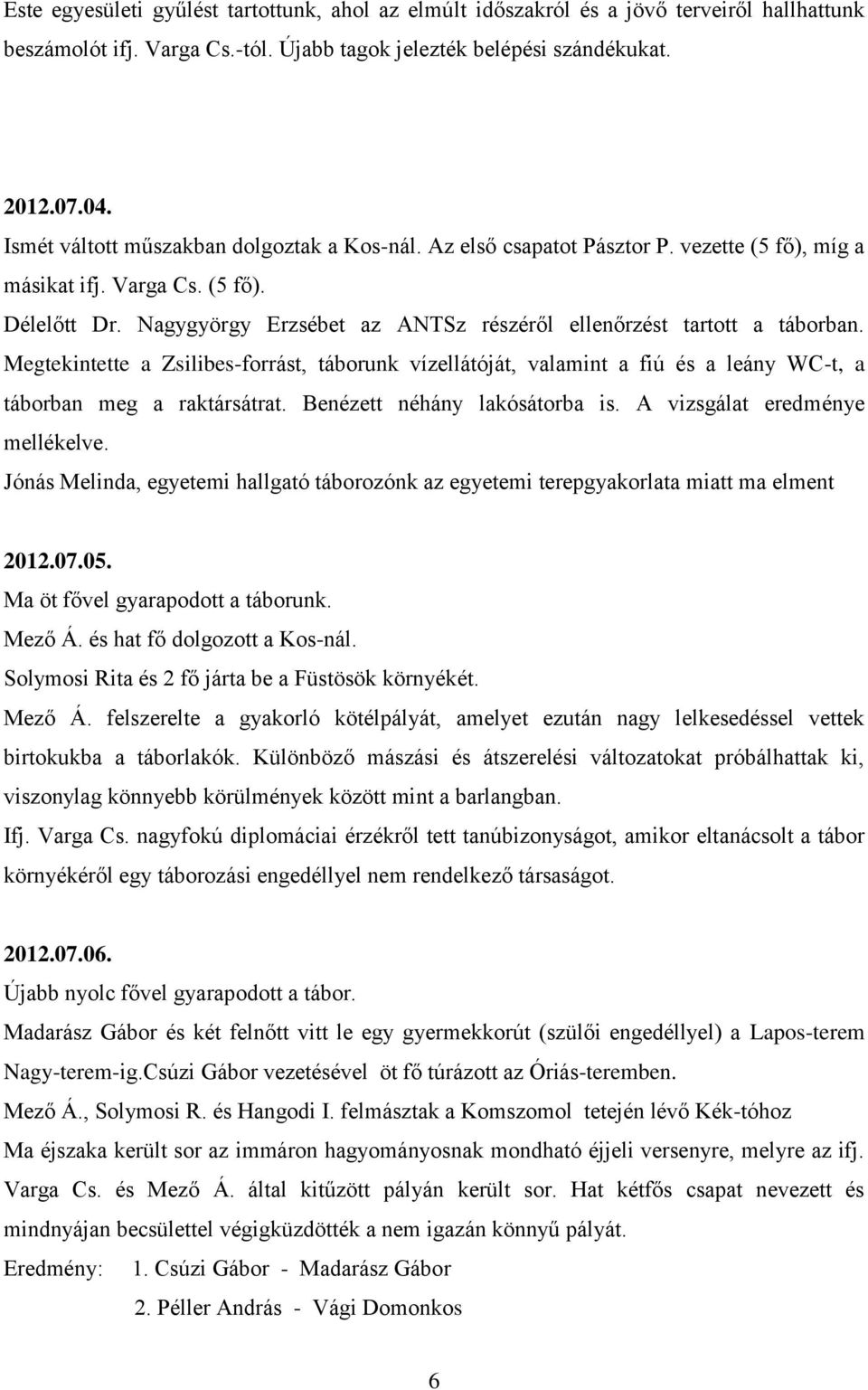 Nagygyörgy Erzsébet az ANTSz részéről ellenőrzést tartott a táborban. Megtekintette a Zsilibes-forrást, táborunk vízellátóját, valamint a fiú és a leány WC-t, a táborban meg a raktársátrat.