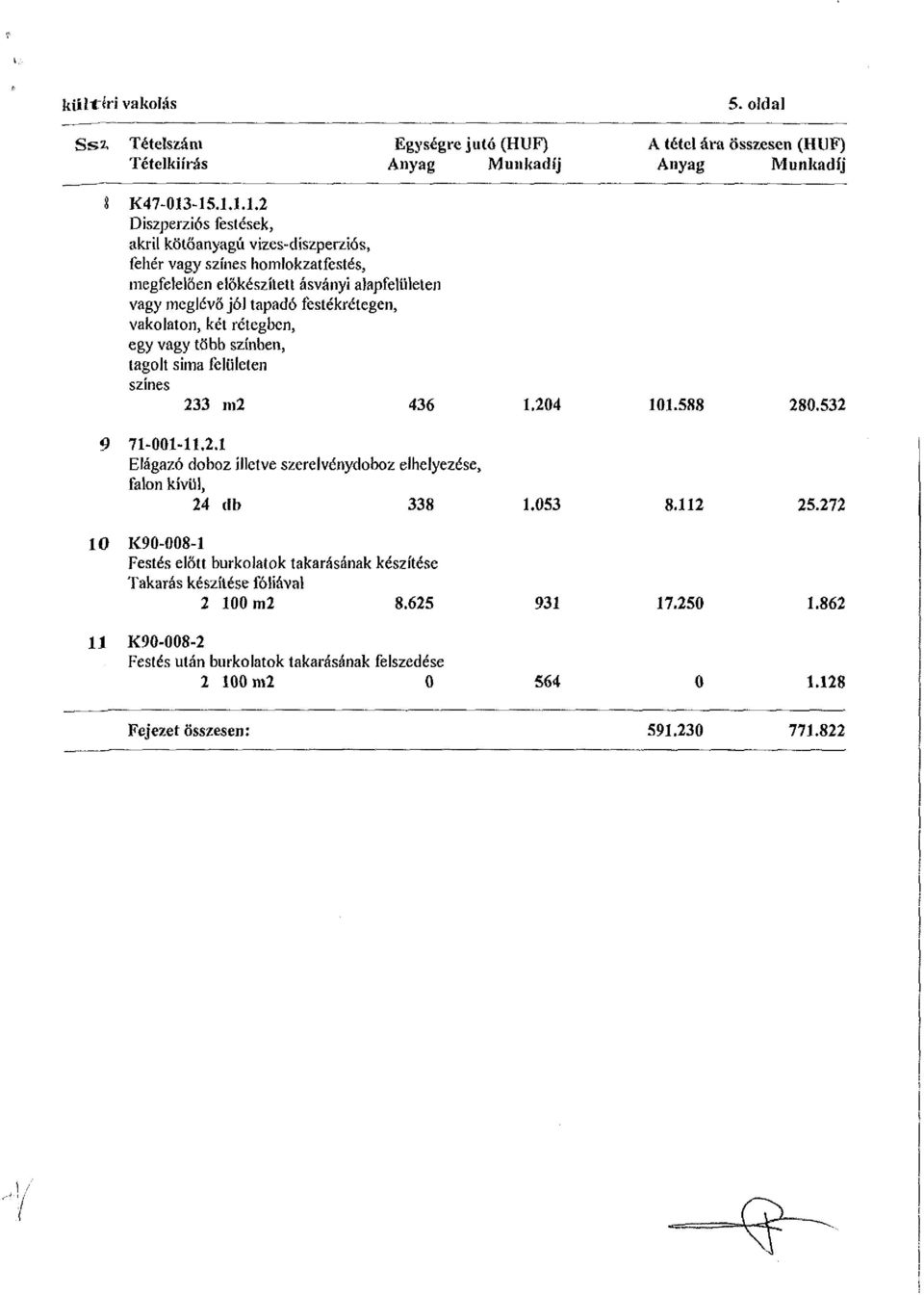 vakolaton, két rétegben, egy vagy több színben, tagolt sima felületen színes 233 m2 436 1.204 101.588 280.532 9 71-001-11.2.1 Elágazó doboz illetve szerelvénydoboz elhelyezése, falon kívül, 24 db 338 1.