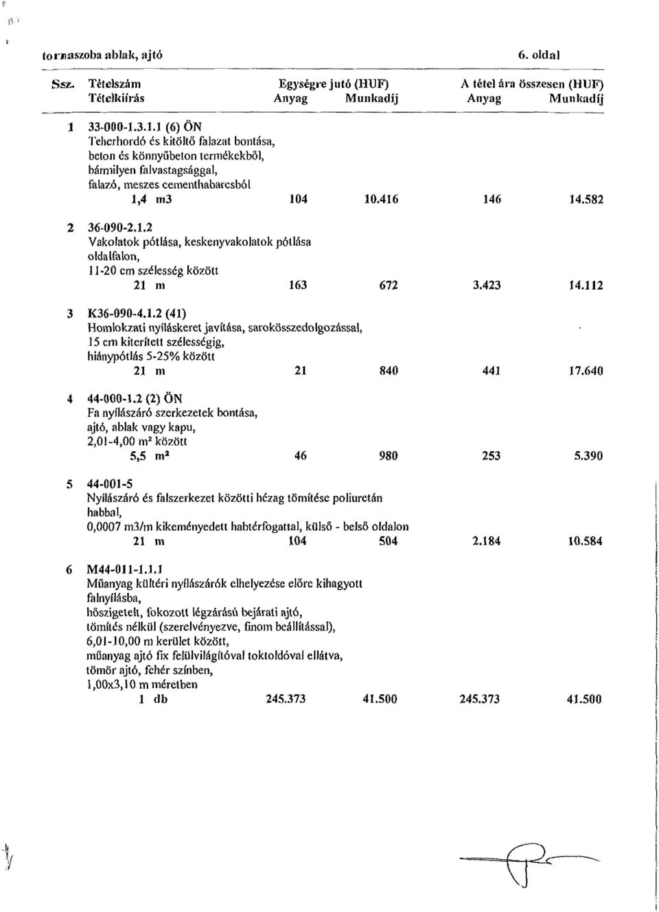 423 14.112 3 K36-090-4.1.2 (41) Homlokzati nyíláskeret javítása, sarokösszedolgozással, 15 cm kiterített szélességig, hiánypótlás 5-25% között 21 m 21 840 441 17.640 4 44-000-1.