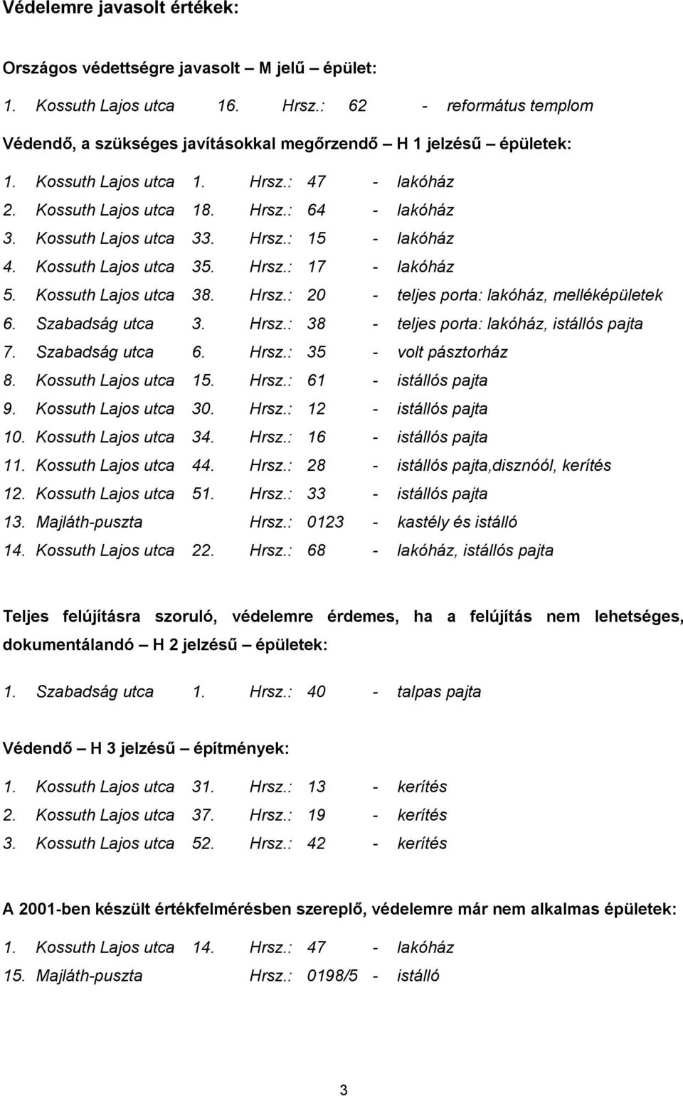 Kossuth Lajos utca 38. Hrsz.: 20 - teljes porta: lakóház, melléképületek 6. Szabadság utca 3. Hrsz.: 38 - teljes porta: lakóház, istállós pajta 7. Szabadság utca 6. Hrsz.: 35 - volt pásztorház 8.