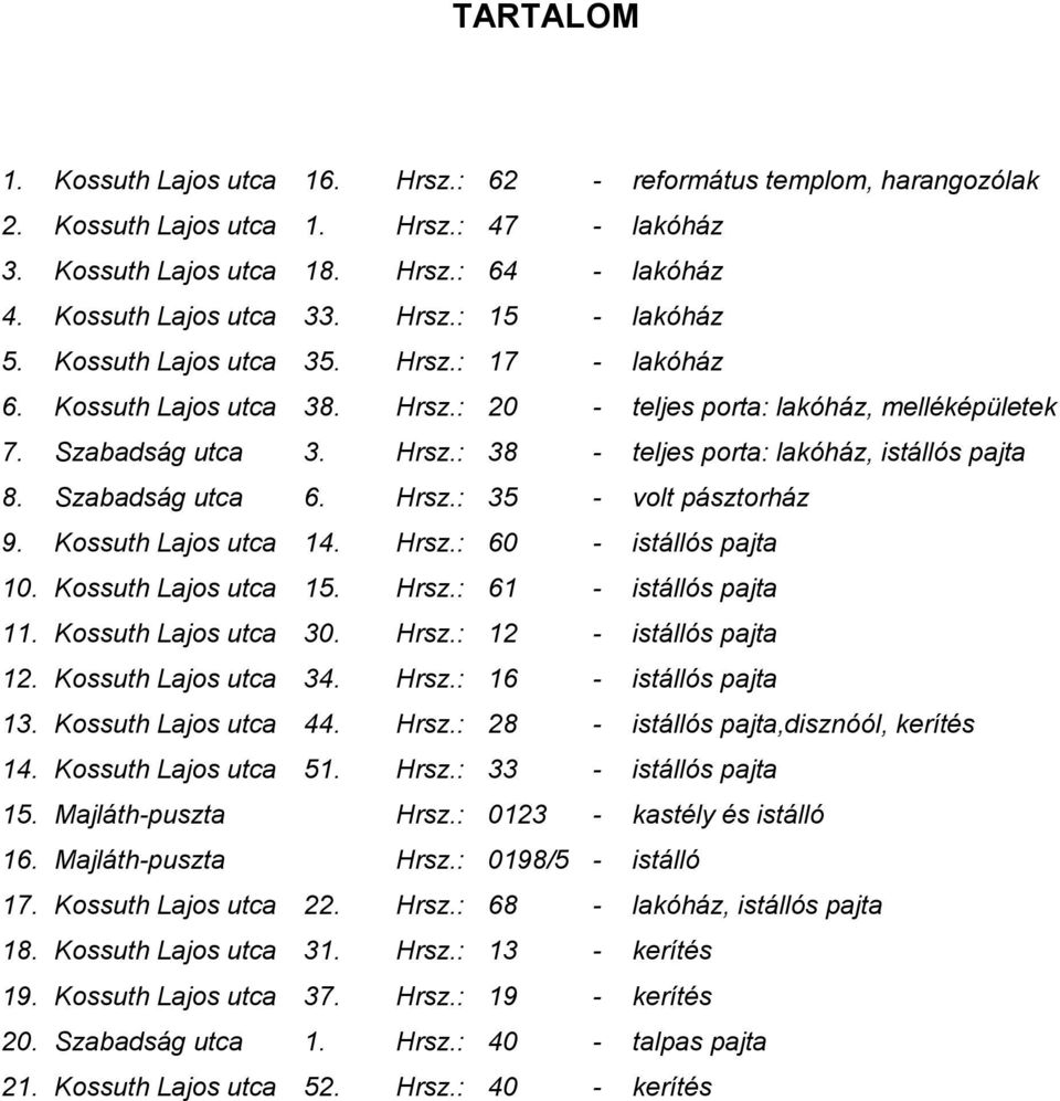 Szabadság utca 6. Hrsz.: 35 - volt pásztorház 9. Kossuth Lajos utca 14. Hrsz.: 60 - istállós pajta 10. Kossuth Lajos utca 15. Hrsz.: 61 - istállós pajta 11. Kossuth Lajos utca 30. Hrsz.: 12 - istállós pajta 12.