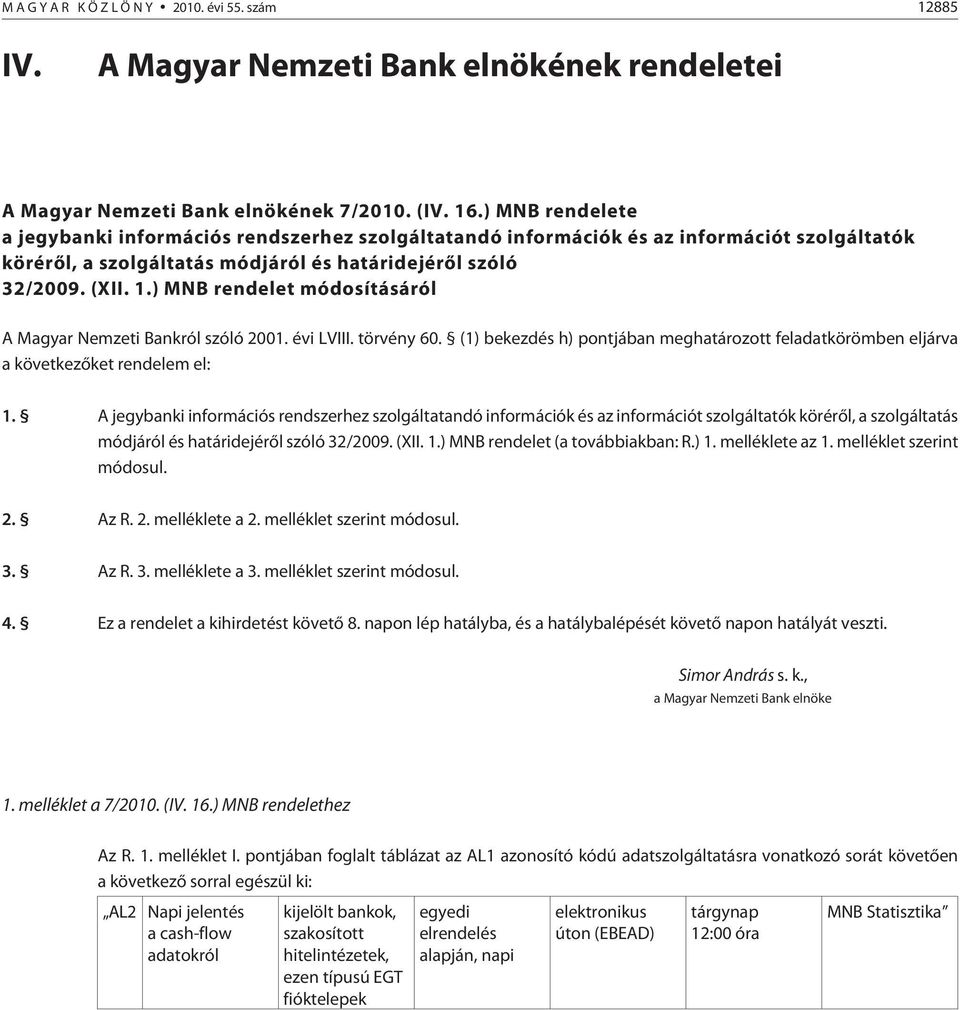 ) MNB rendelet módosításáról A Magyar Nemzeti Bankról szóló 2001. évi LVIII. törvény 60. (1) bekezdés h) pontjában meghatározott feladatkörömben eljárva a következõket rendelem el: 1.