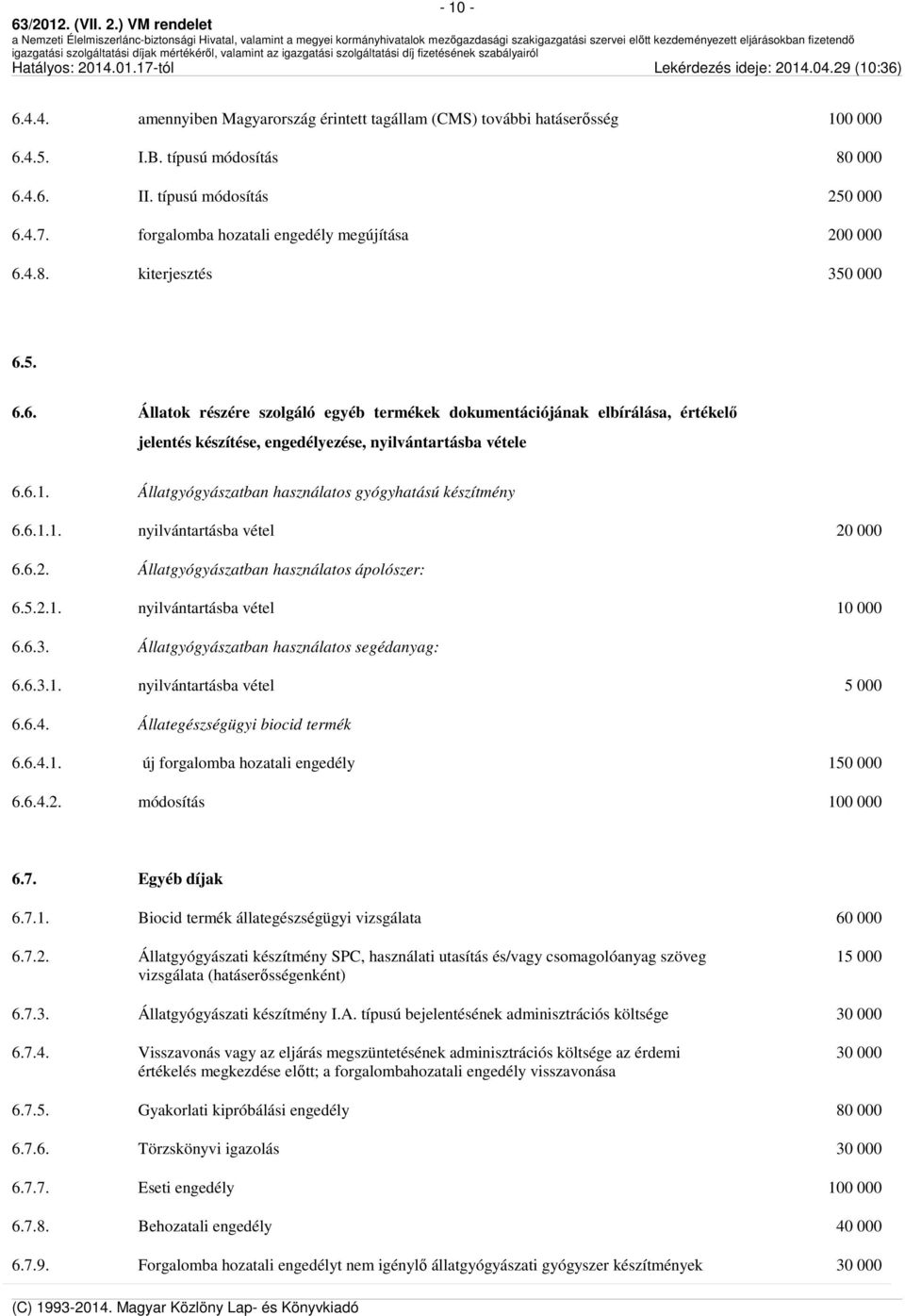 6.1. Állatgyógyászatban használatos gyógyhatású készítmény 6.6.1.1. nyilvántartásba vétel 20 000 6.6.2. Állatgyógyászatban használatos ápolószer: 6.5.2.1. nyilvántartásba vétel 10 000 6.6.3.