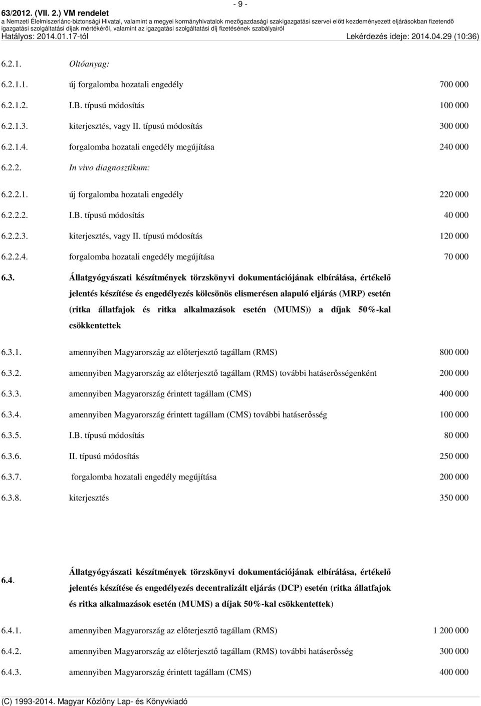 típusú módosítás 120 000 6.2.2.4. forgalomba hozatali engedély megújítása 70 000 6.3.