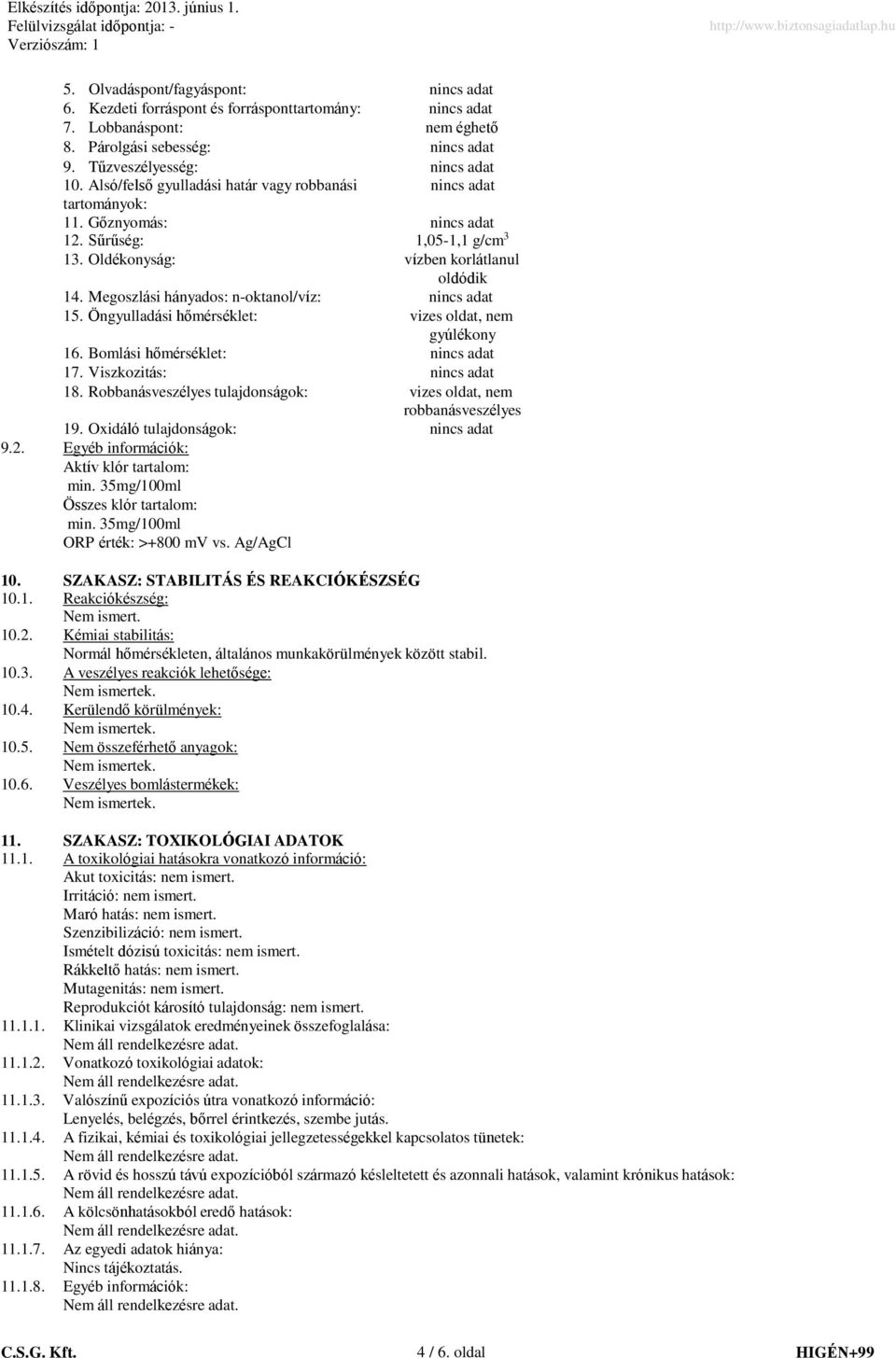 Megoszlási hányados: n-oktanol/víz: nincs adat 15. Öngyulladási hőmérséklet: vizes oldat, nem gyúlékony 16. Bomlási hőmérséklet: nincs adat 17. Viszkozitás: nincs adat 18.