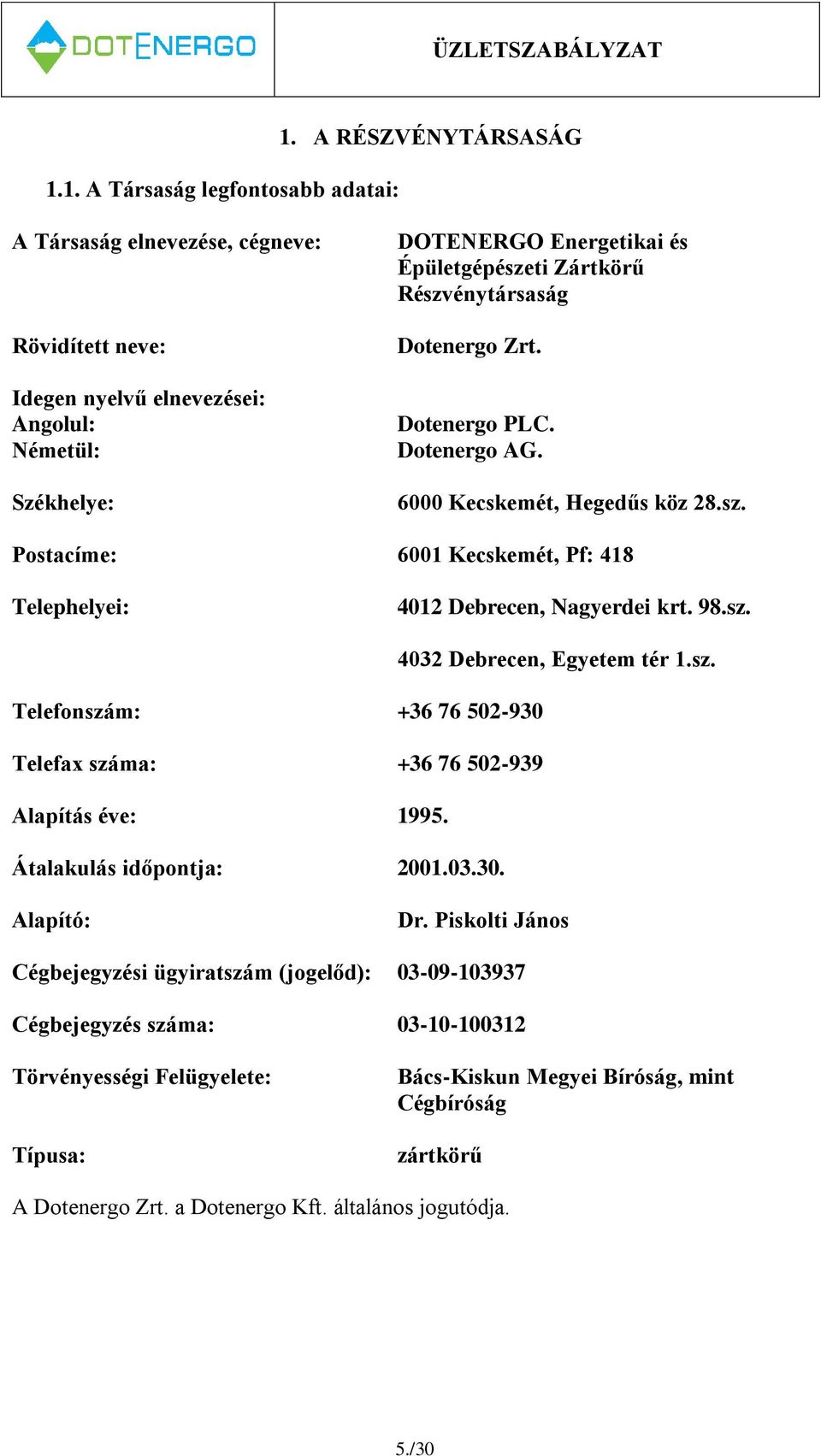 Dotenergo Zrt. Dotenergo PLC. Dotenergo AG. 6000 Kecskemét, Hegedűs köz 28.sz. Postacíme: 6001 Kecskemét, Pf: 418 Telephelyei: 4012 Debrecen, Nagyerdei krt. 98.sz. 4032 Debrecen, Egyetem tér 1.sz. Telefonszám: +36 76 502-930 Telefax száma: +36 76 502-939 Alapítás éve: 1995.