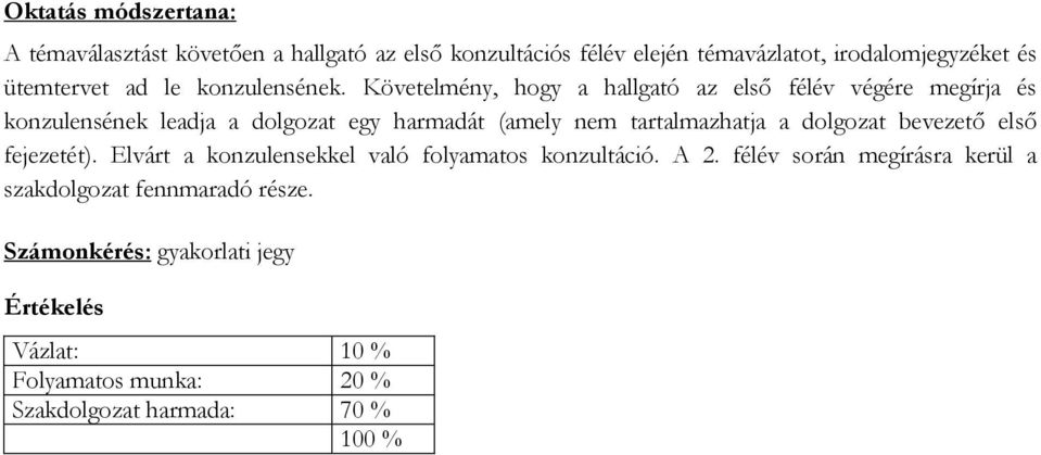 Követelmény, hogy a hallgató az első félév végére megírja és konzulensének leadja a dolgozat egy harmadát (amely nem tartalmazhatja a