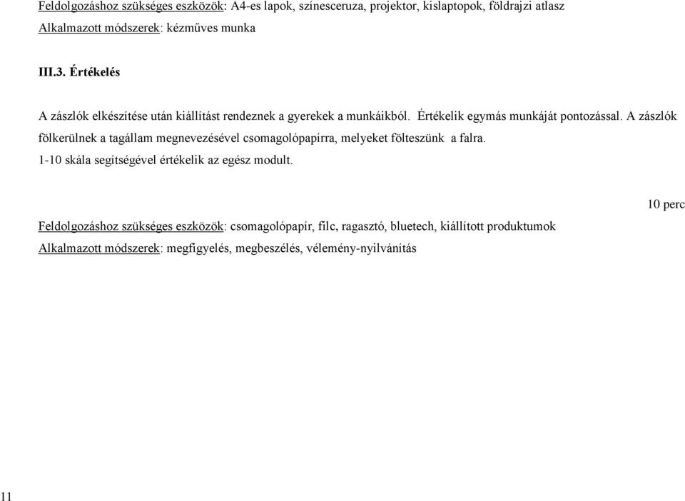 A zászlók fölkerülnek a tagállam megnevezésével csomagolópapírra, melyeket fölteszünk a falra. 1-10 skála segítségével értékelik az egész modult.