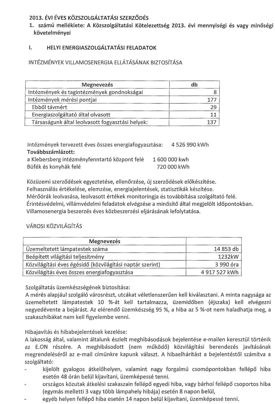 Energiaszolgáltató által olvasott 11 Társa ságunk által leolvasott fogyasztási helyek: 137 Intézmények tervezett éves összes energiafogyasztása: 4526990 kwh Továbbszámlázott: a Klebersberg