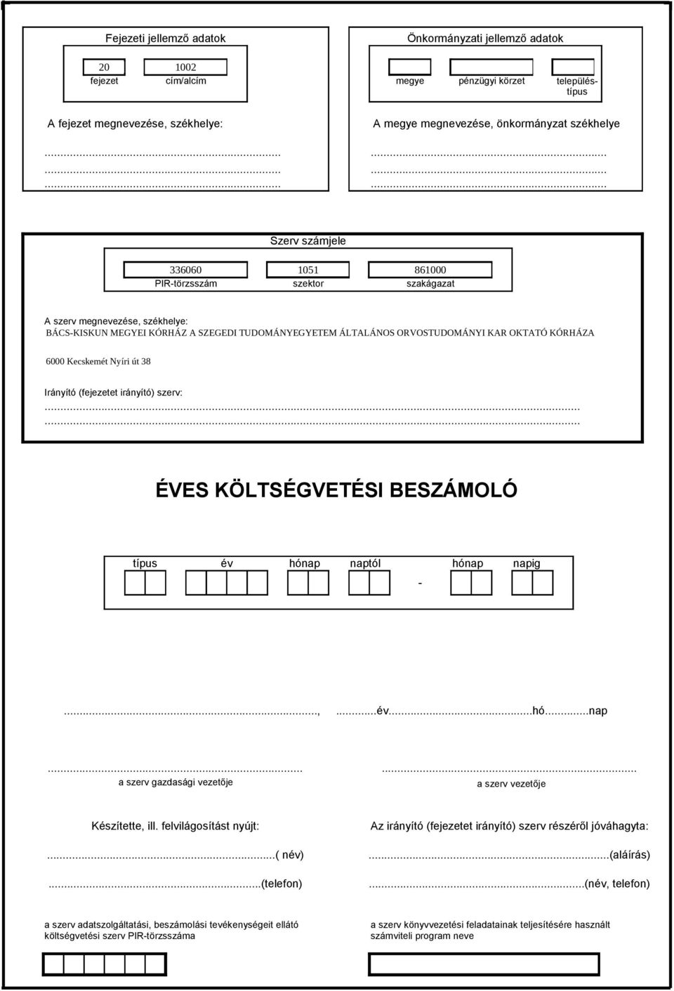 ..... ÉVES KÖLTSÉGVETÉSI BESZÁMOLÓ típus év hónap naptól hónap napig -...,...év...hó...nap...... a szerv gazdasági vezetője a szerv vezetője Készítette, ill.