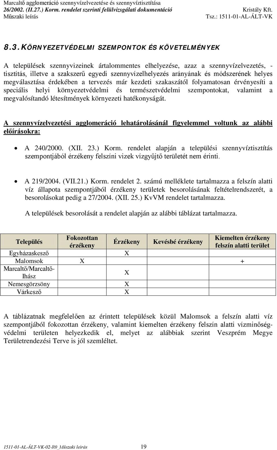 megvalósítandó létesítmények környezeti hatékonyságát. A szennyvízelvezetési agglomeráció lehatárolásánál figyelemmel voltunk az alábbi előírásokra: A 240/2000. (XII. 23.) Korm.