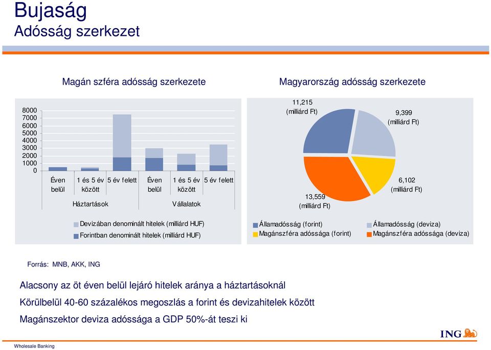 Forintban denominált hitelek (milliárd HUF) Államadósság (forint) Magánszféra adóssága (forint) Államadósság (deviza) Magánszféra adóssága (deviza) Forrás: MNB, AKK, ING