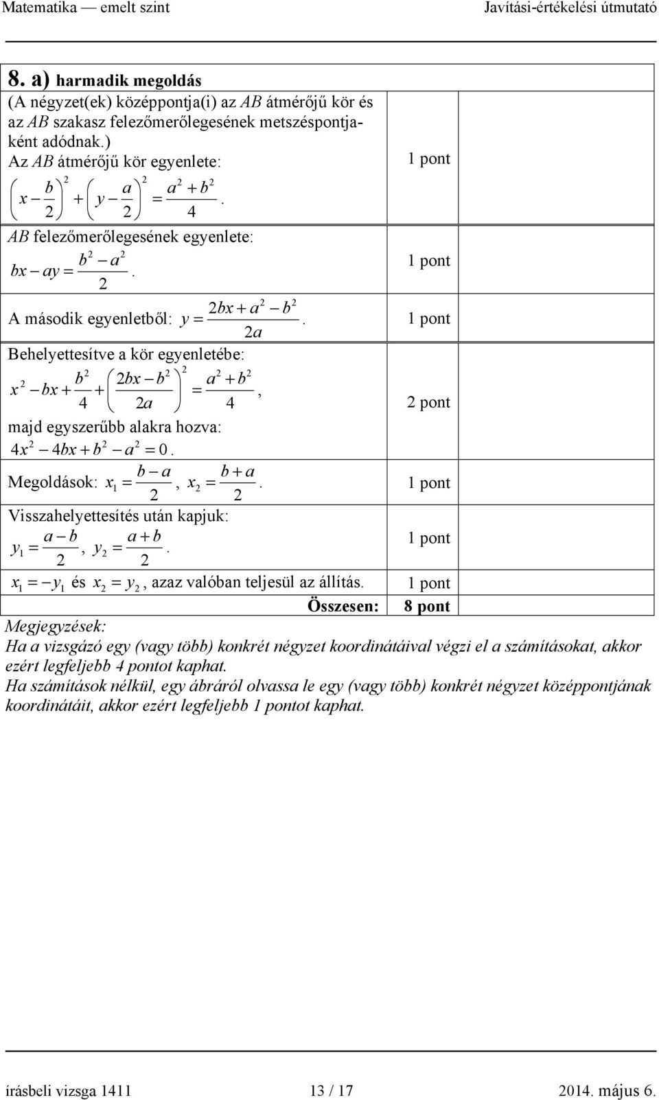 a Behelyettesítve a kör egyenletébe: b bx b a + b x bx + + =, 4 a 4 pont majd egyszerűbb alakra hozva: 4x 4bx + b a = 0. b a b + a Megoldások: x1 =, x =.