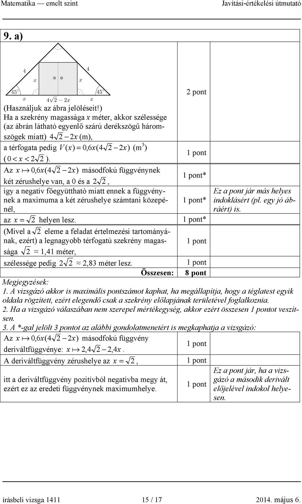 pont Az x 0,6x(4 x) másodfokú függvénynek két zérushelye van, a 0 és a, * így a negatív főegyüttható miatt ennek a függvénynek a maximuma a két zérushelye számtani közepénél, * az x = helyen lesz.