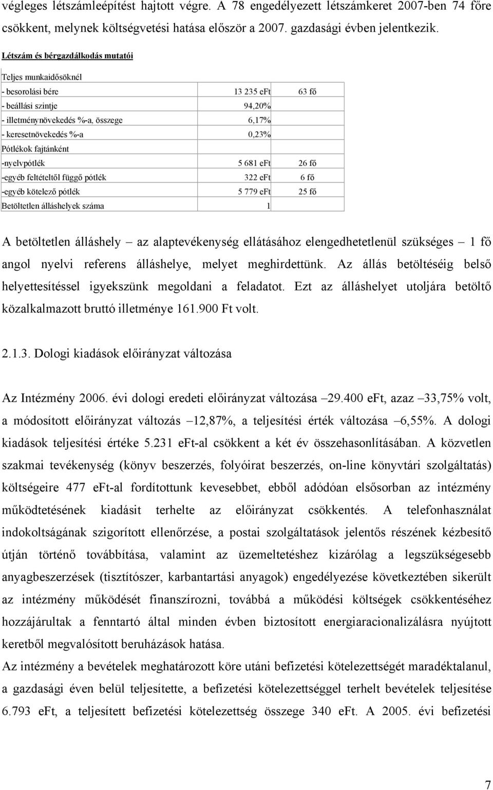 fajtánként -nyelvpótlék 5 681 eft 26 fő -egyéb feltételtől függő pótlék 322 eft 6 fő -egyéb kötelező pótlék 5 779 eft 25 fő Betöltetlen álláshelyek száma 1 A betöltetlen álláshely az alaptevékenység