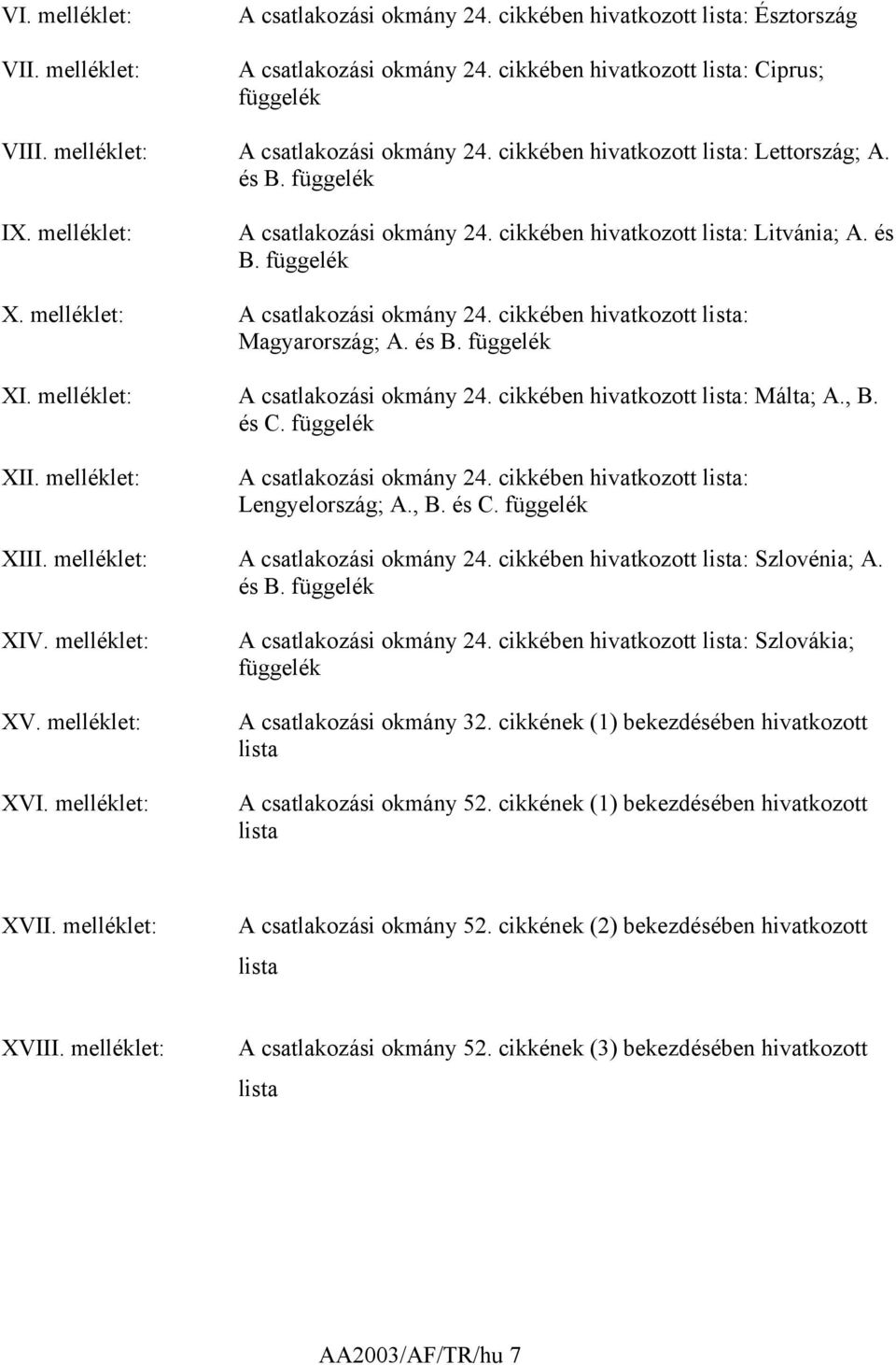 melléklet: A csatlakozási okmány 24. cikkében hivatkozott lista: Magyarország; A. és B. függelék XI. melléklet: A csatlakozási okmány 24. cikkében hivatkozott lista: Málta; A., B. és C. függelék XII.