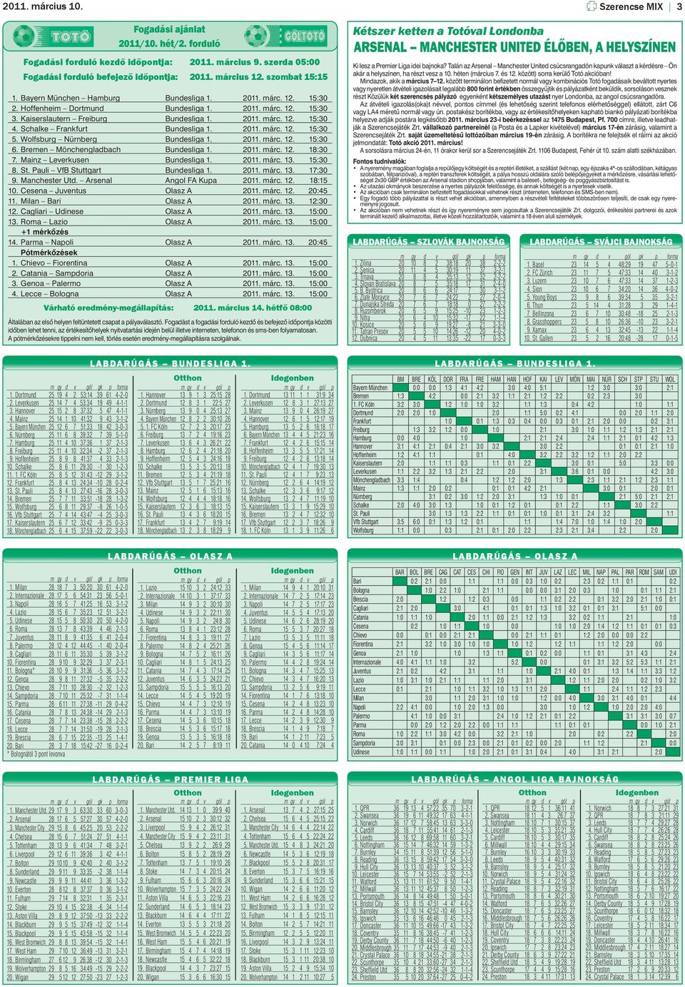 Schalke Frankfurt Bundesliga 1. 2011. márc. 12. 15:30 5. Wolfsburg Nürnberg Bundesliga 1. 2011. márc. 12. 15:30 6. Bremen Mönchengladbach Bundesliga 1. 2011. márc. 12. 18:30 7.