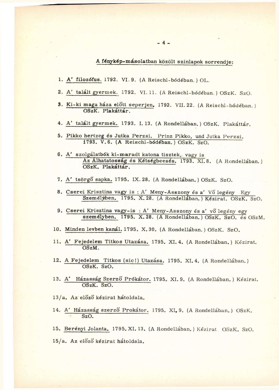 Prinz Pikko, und Jutka Perzsi. 1793. V.6. (A Reischl-bódéban.) OSzK. SzO. 6. A J szolgálatbók ki-maradt katona tisztek, vagy is Az Alhatatosság és Kétségbeesés. 1793. XI. 8. (A Rondellában. ) OSzK.