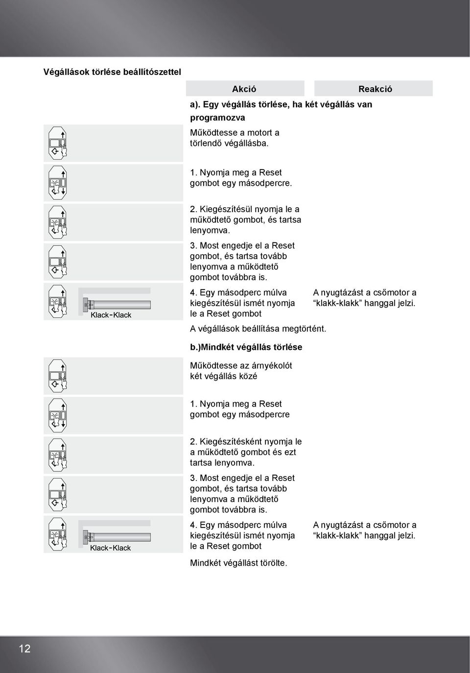 Egy másodperc múlva kiegészítésül ismét nyomja le a Reset gombot A nyugtázást a csőmotor a klakk-klakk hanggal jelzi. A végállások be