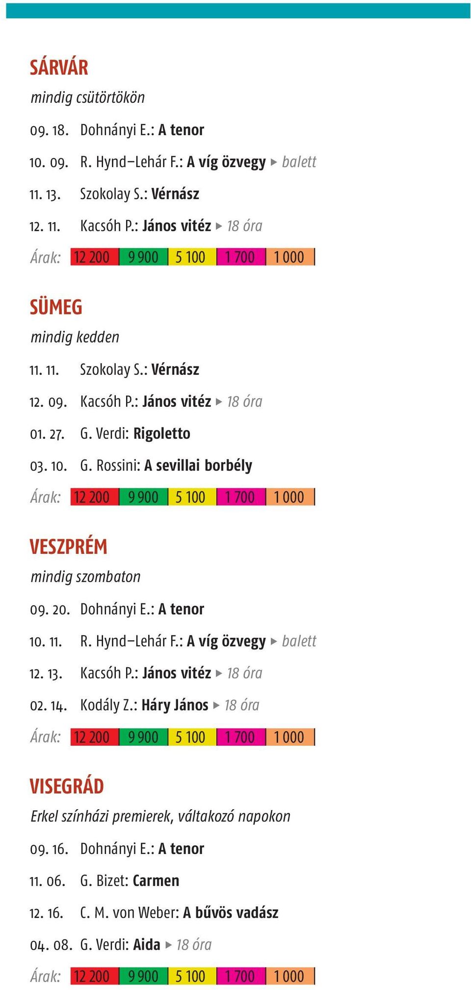 Verdi: Rigoletto 0. 0. G. Rossini: A sevillai borbély 00 00 00 00 000 VESZPRÉM mindig szombaton 0. 0. Dohnányi E.: A tenor 0.. R. Hynd Lehár F.