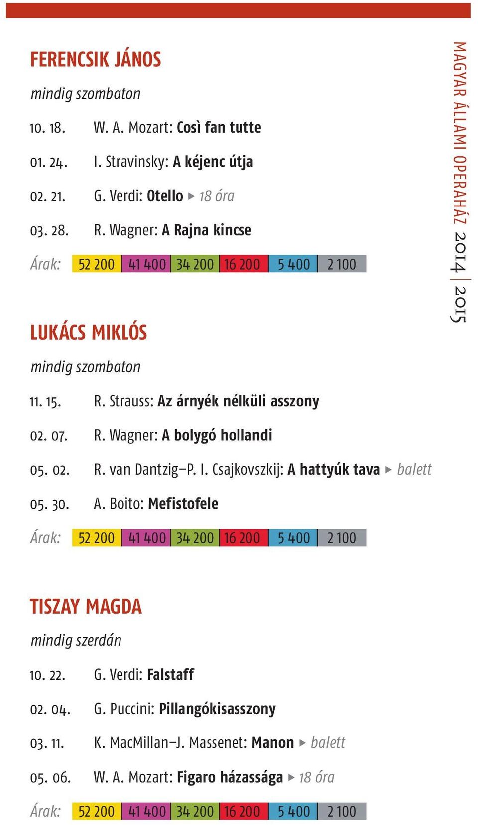 0. R. van Dantzig P. I. Csajkovszkij: A hattyúk tava balett 0. 0. A. Boito: Mefistofele 00 00 00 00 00 00 TISZAY MAGDA mindig szerdán 0.. G.