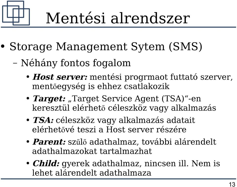 alkalmazás TSA: céleszköz vagy alkalmazás adatait elérhetővé teszi a Host server részére Parent: szűl ő adathalmaz,