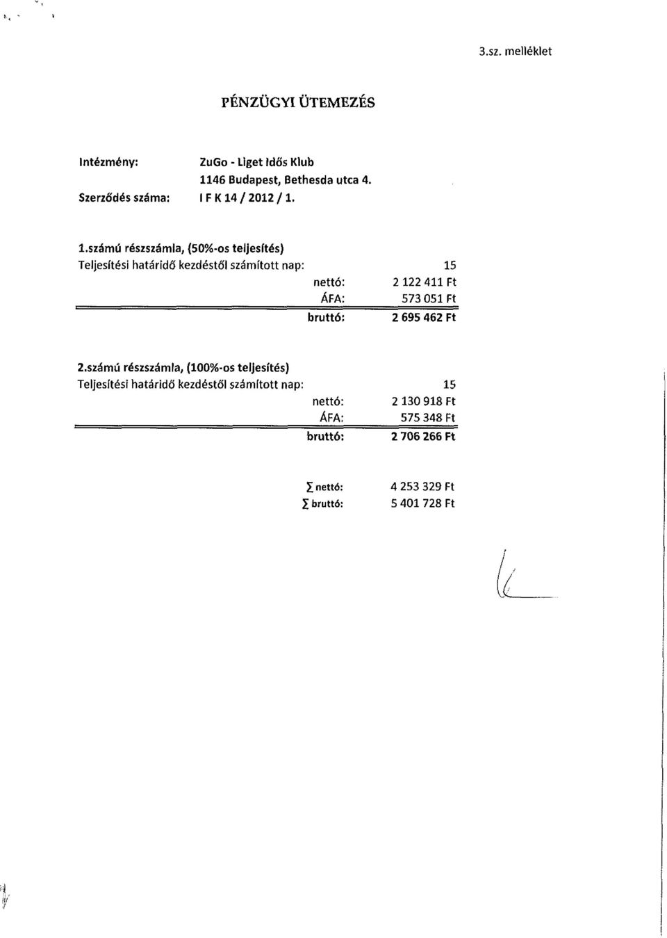 számú részszámla, (5%-os teljesítés) Teljesítési határidő kezdéstől számított nap: 15 nettó: 2 122 411 Ft ÁFA;