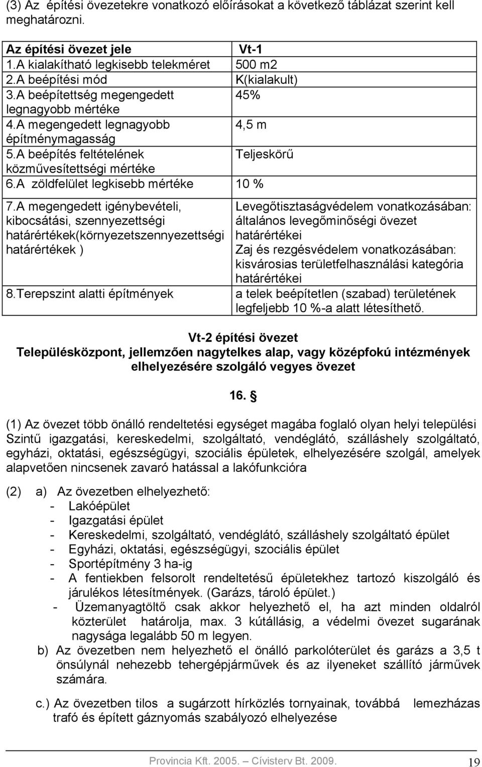 A zöldfelület legkisebb mértéke 10 % 7.A megengedett igénybevételi, kibocsátási, szennyezettségi határértékek(környezetszennyezettségi határértékek ) 8.